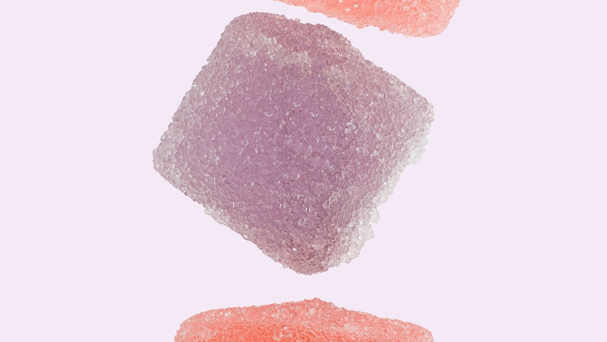 pink and purple sugar-coated gummies.